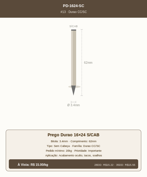 Prego Durao 16×24 Sem Cabeça
